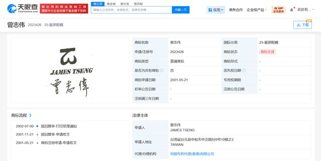 曾志伟商标均被驳回