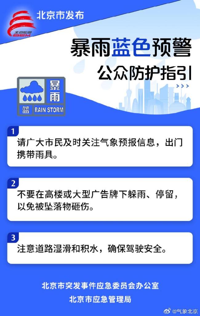 北京发布暴雨蓝色预警！局地雨量可超100毫米